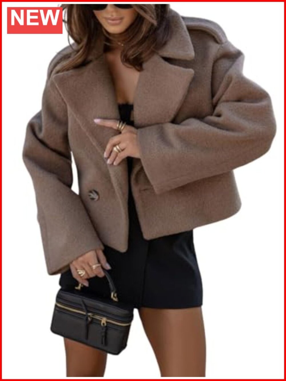 Women Cropped Wool Blend Pea Coat Lapel Collar Winter Jacket